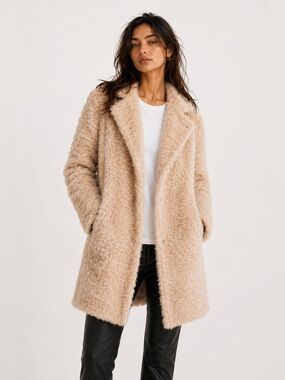 Y2K Karl Lagerfeld Paris Teddy Coat Faux Fur Beige Long Coat XS Luxe